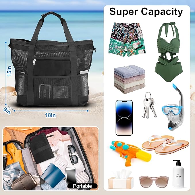 Mesh Beach Bags for Family - Women Beach Tote Bag for Toys, Towels, Travel Vacation Cruise Essentials