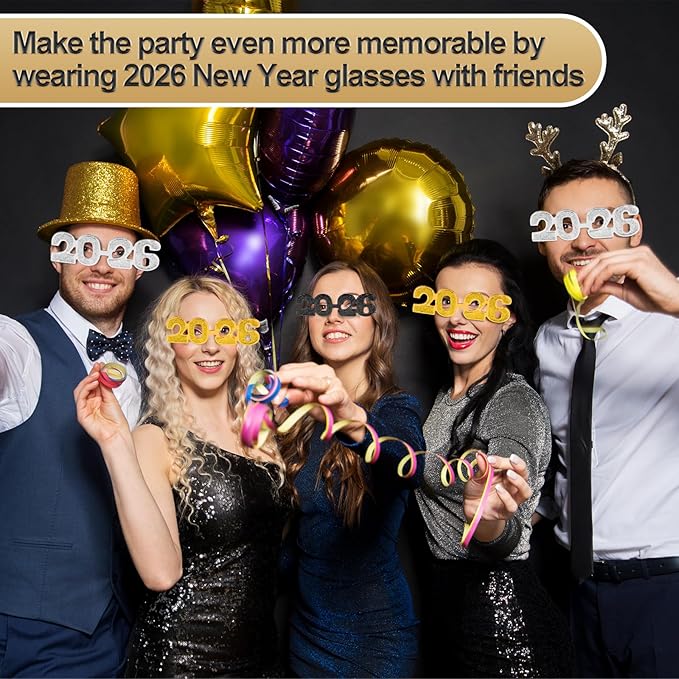 2026 Plastic Glasses Happy New Year Glitter Eyeglasses for 2026 Party New Year Eve Costume Photo Prop Supplies