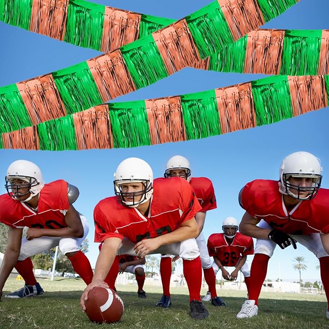 4 Packs 10 Feet Long Foil Fringe Football Parade Float Decorations for Trailer Superbowl Tinsel Garland Tinsel Green Brown Homecoming Metallic Car Streamers Super Ball Party Hanging Banner Backdrop