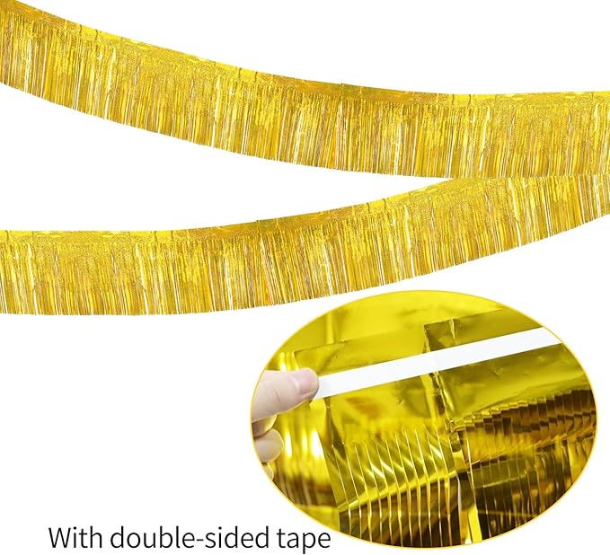 4 Packs 10 Feet Long Laser Gold Foil Fringe Garland Shiny Metallic Tinsel Table Skirts Wall Hanging Banner for Car Parade Birthday Parties Floats Wedding Baby Shower Bachelorette Garden Decorations