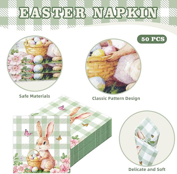 Easter Bunny Paper Napkins - 50Pcs Disposable Decorative Napkins for Easter Party, Spring Dinner, Bunny Themed Table Decorations