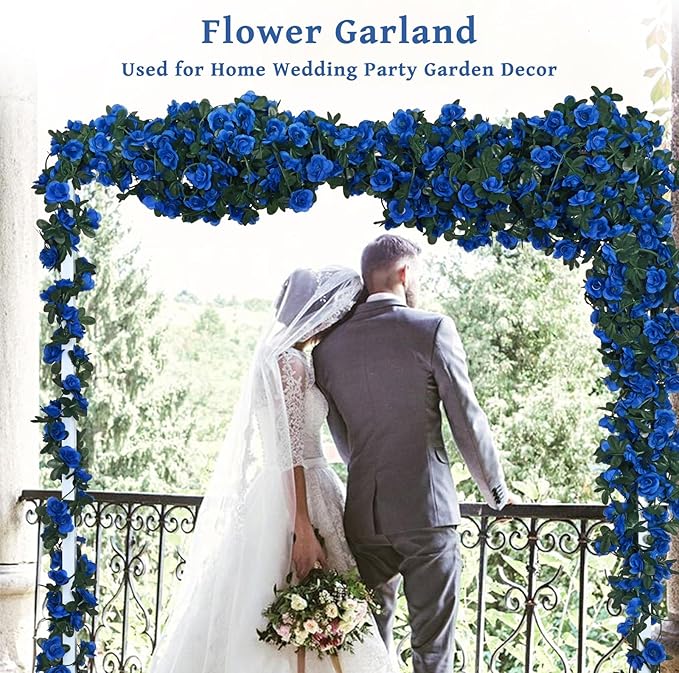 MARTINE MALL Flower Garland Rose Vines, 8 Strands 66Ft Flowers Vines for Bedroom, Rose Flower Garland Decoration, Sapphire Rose Floral Garland for Room Table Birthday Wedding Party Garden Wall Decor