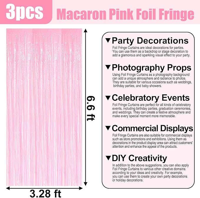 3 Pack Macaron Pink Foil Fringe Curtain Backdrop, 3.28Ft x 6.6Ft Metallic Tinsel Foil Fringe Streamer Curtains for Photo Booth, Christmas Day, Thanksgiving, Wedding, New Year Party Decorations