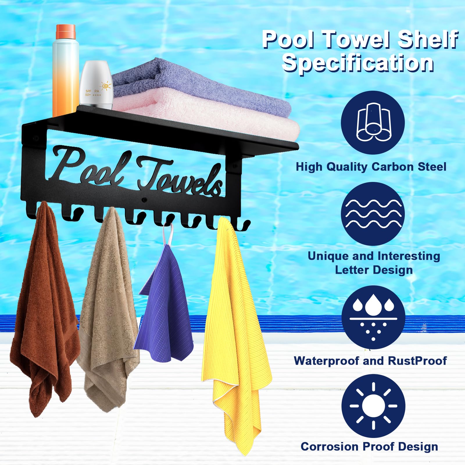Topspeeder Pool Towel Racks with Shelf 8 Hooks for Pool Bathroom Wall Mount Towel Hooks Towel Holder Carbon Steel Hanger Organizer Pool Accessories Outdoor for Robe,Towel,Coat,Swimsuit,Bag,Keys