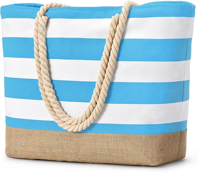 Becokan Beach Bags for Women Large Canvas Beach Tote Bag Beach Bags Waterproof Sandproof Swim Pool Bag Travel Essentials