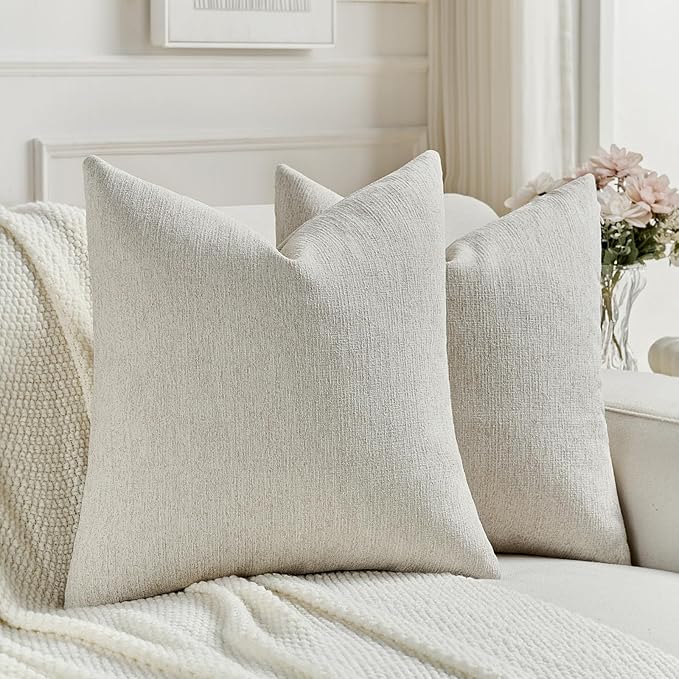 FUTEI Natural White Wood Chenille Decorative Throw Pillow Covers 20x20 Inch Set of 2,Soft Cozy Faux Linen Textured Cushion Case,Farmhouse Home Decor for Couch Living Room