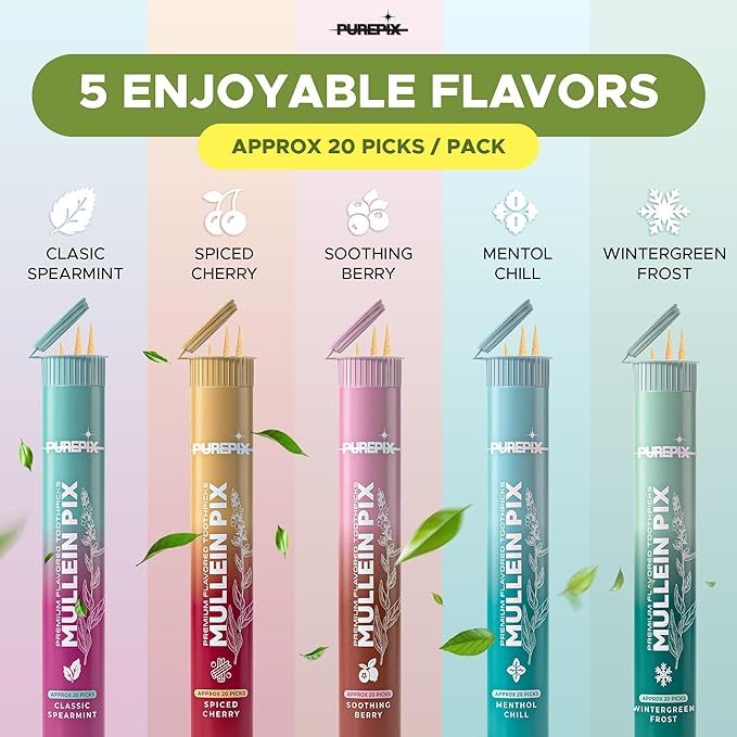Mullein Pix, Extra Thick Flavored Toothpicks Infused with Mullein Leaf, Natural Quit Smoking Alternative, Lung Cleanse Support, Nicotine Free, Kosher Vegan, Made in The USA (Wintergreen Frost 3 Pack)