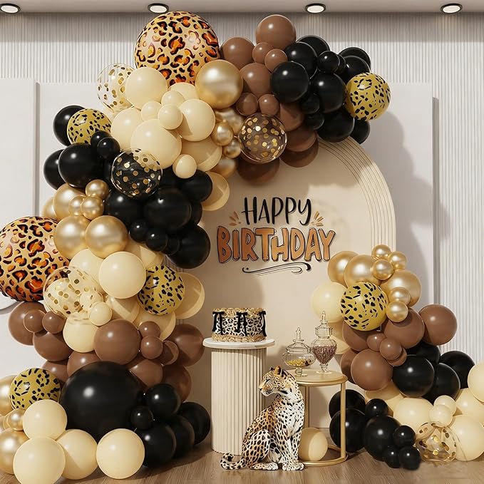 Cheetah Print Balloons Arch Garland Kit 153PCS Black Dark Brown White Latex Balloons with Leopard Animal Foil Balloons for Cheetah Print Safari Themed Birthday Bachelorette Party Decoration