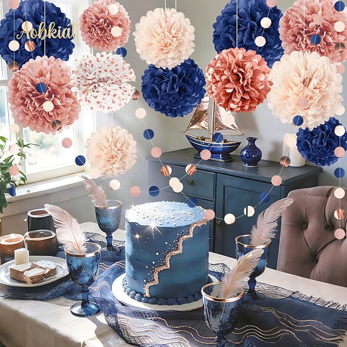 AOBKIAT Rose Gold and Navy Blue Party Decorations Set,Tissue Paper Pom Poms,Paper Garland for Women Engagement Anniversary,30th,40th,50th,60th,Birthday Party Supplies