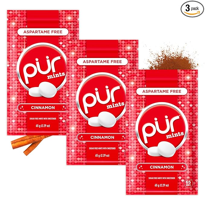 PUR Mints | Aspartame Free Breath Mints | Made with Xylitol | Sugar Free, Vegan, Gluten Free | Natural Cinnamon Flavor | 65 Pieces in Re-Sealable pouch (Pack of 3)