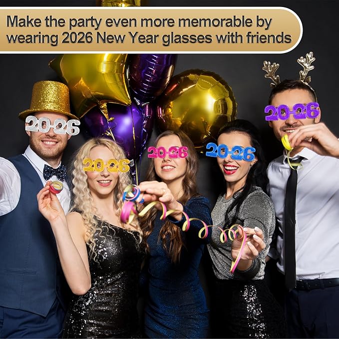 2026 Plastic Glasses Happy New Year Glitter Eyeglasses for 2026 Party New Year Eve Costume Photo Prop Supplies