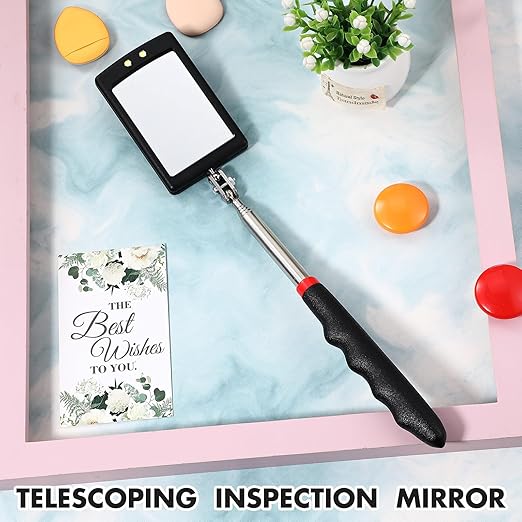 1 Pcs Telescoping Inspection Mirror Mechanics Automotive Tool with Long Handle Extendable Mirror on a Stick for Technicians Mechanics Contractors Checking Observation (Black,Square with Light)