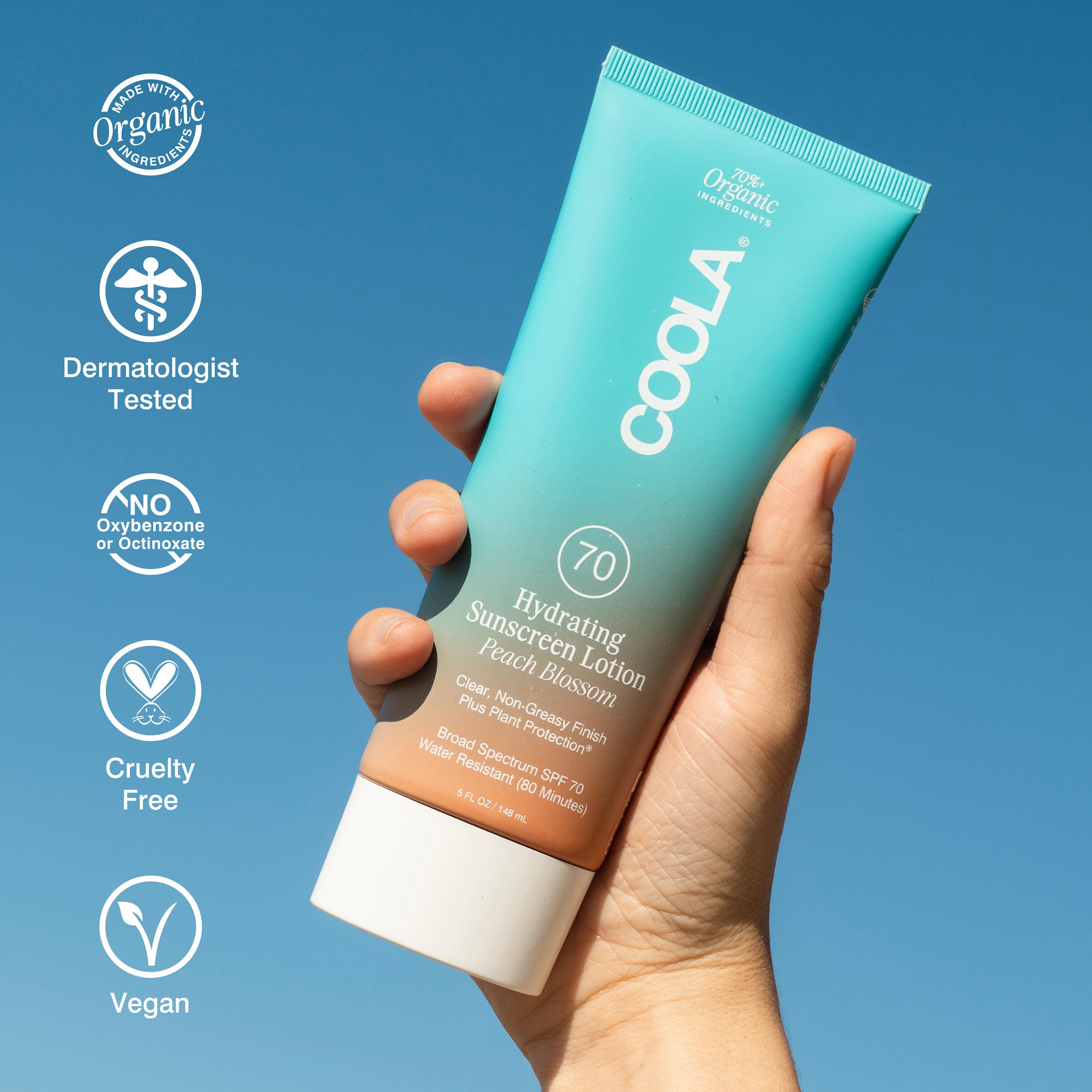 COOLA Organic Sunscreen SPF 70 Sunblock Body Lotion, Dermatologist Tested Skin Care for Daily Protection, Vegan and Gluten Free, Peach Blossom, 5 Fl Oz