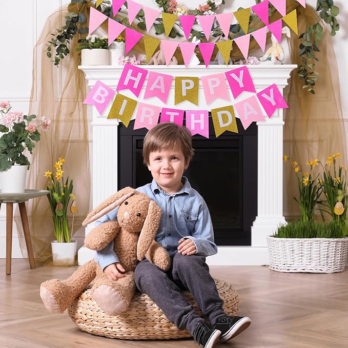 Irenare 4 Pieces Happy Birthday Banner Colorful Birthday Party Decor Rainbow Felt Garland Banner Party Decorations Supplies(Gradient Pink and Gold)