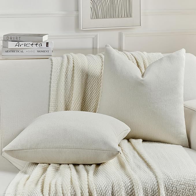 FUTEI Cream Chenille Decorative Throw Pillow Covers 18x18 Inch Set of 2,Soft Cozy Faux Linen Textured Cushion Case,Farmhouse Home Decor for Couch Living Room