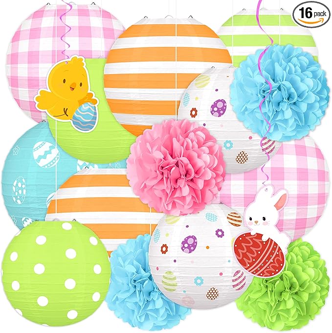 16pcs Easter Party Hanging Decorations – Pastel Paper Lanterns and Pom Poms Set for Classroom, Birthday Supplies, Egg Hunt, Indoor Home Spring Decor