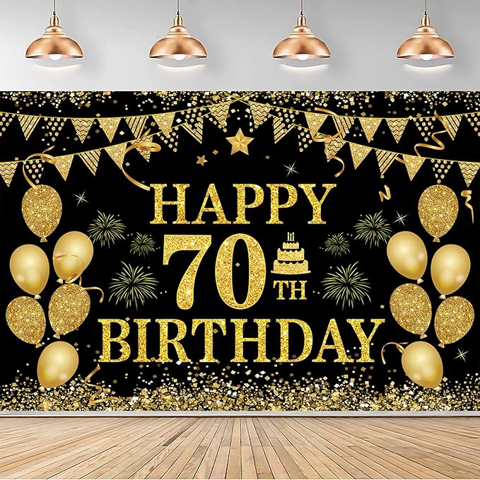 70th Birthday Decorations Happy 70th Birthday Banner for Men Women Black Gold 70 Years Birthday Party Decorations Background for Home Birthday Decor(71 x 45 inch)