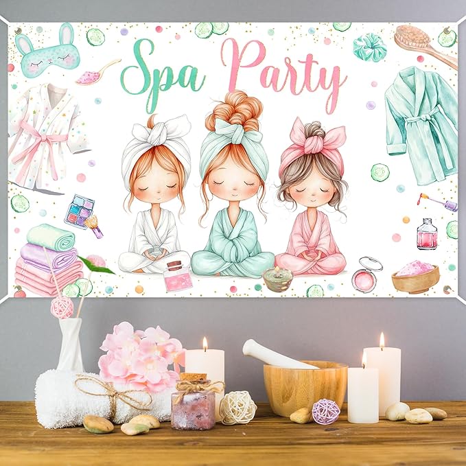 Avezano Spa Party Banner Spa Theme Birthday Party Decoration for Girls Women Spa Day Makeup Slumber Pajama Sleepover Birthday Party Decoration Banner (6x3.6ft)