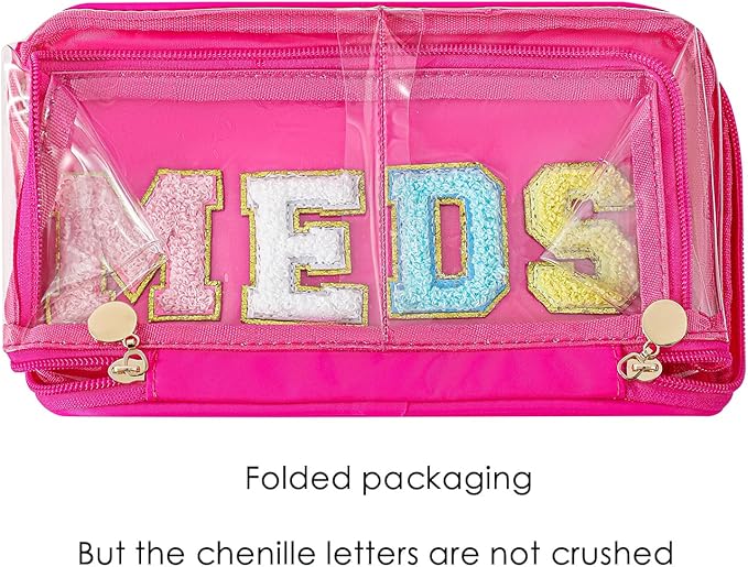 Large Waterproof Chenille Letter Medicine Clear Makeup Bag, Transparent PVC Nylon Preppy Patch Cosmetic Bag with Handle, Portable Meds First Aid Travel Organizer Cosmetic Bag (05MEDS-Hot Pink)