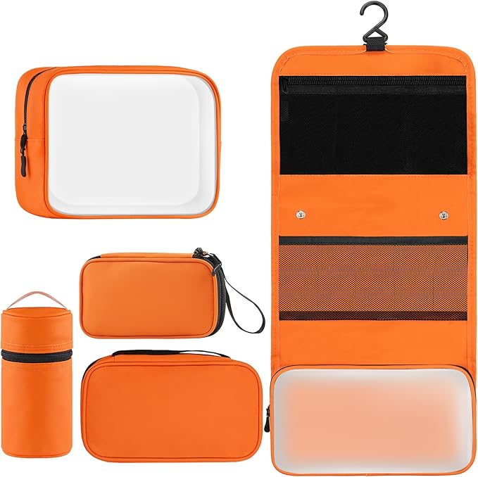 Toncoke Travel Toiletry Bag Set, Hanging Toiletry Bag Premium Faux Leather, Toiletry Bag for Women & Men, Travel Essentials Makeup Bag Water-resistant, Orange