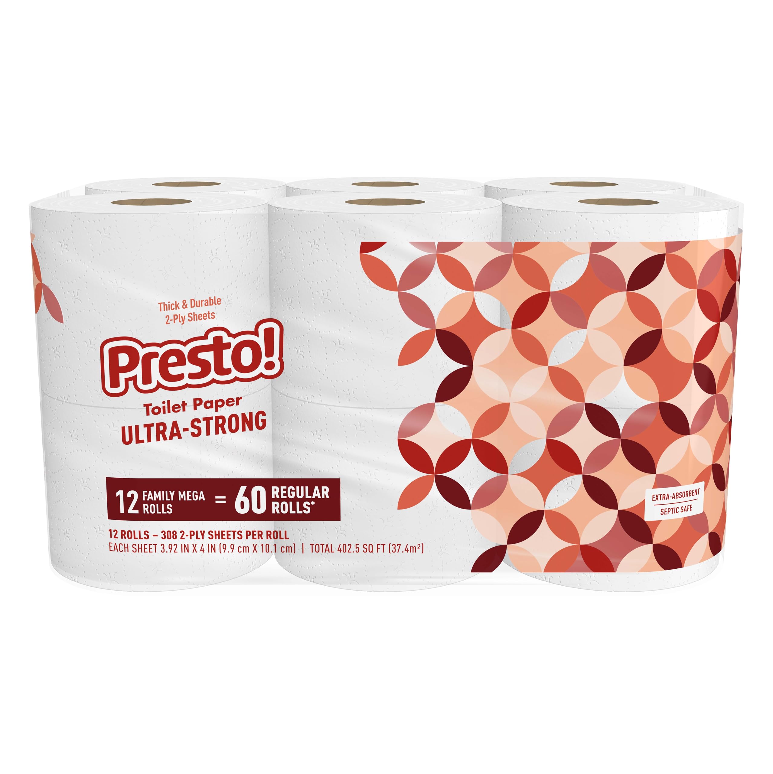 Amazon Brand - Presto! Ultra-Strong 2-Ply Toilet Paper, 12 Mega Rolls = 60 Regular Rolls, 308 Sheets Per Roll, Unscented