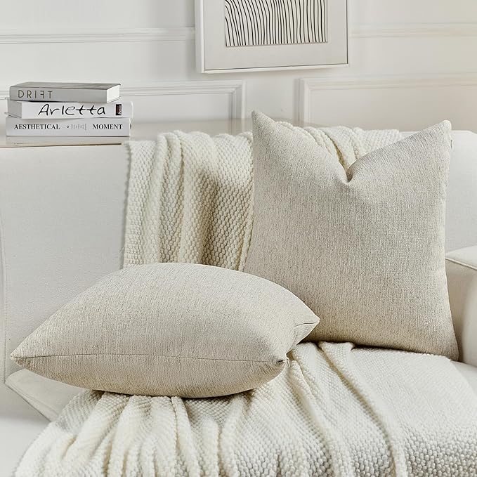 FUTEI Natural Linen Chenille Decorative Throw Pillow Covers 24x24 Inch Set of 2,Soft Cozy Faux Linen Textured European Pillow Shams,Farmhouse Home Decor for Couch Living Room