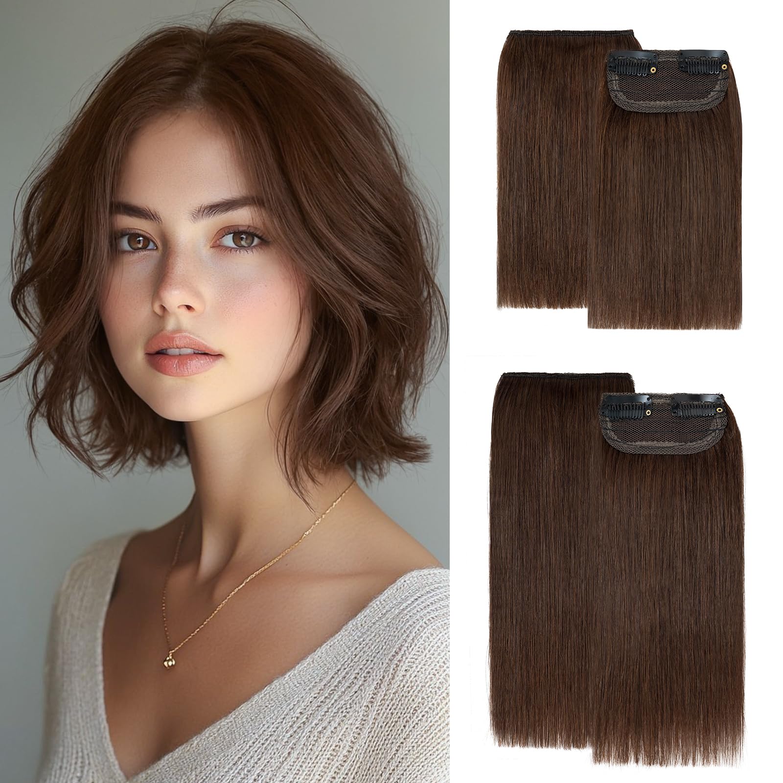 Clip in Short Hair Extensions Real Human Hair,Prokyvity Invisible Human Hair Clip in Extensions Short,(6inch&8inch)4 pieces Mini Extensions for volume or highligh,Meduim Brown