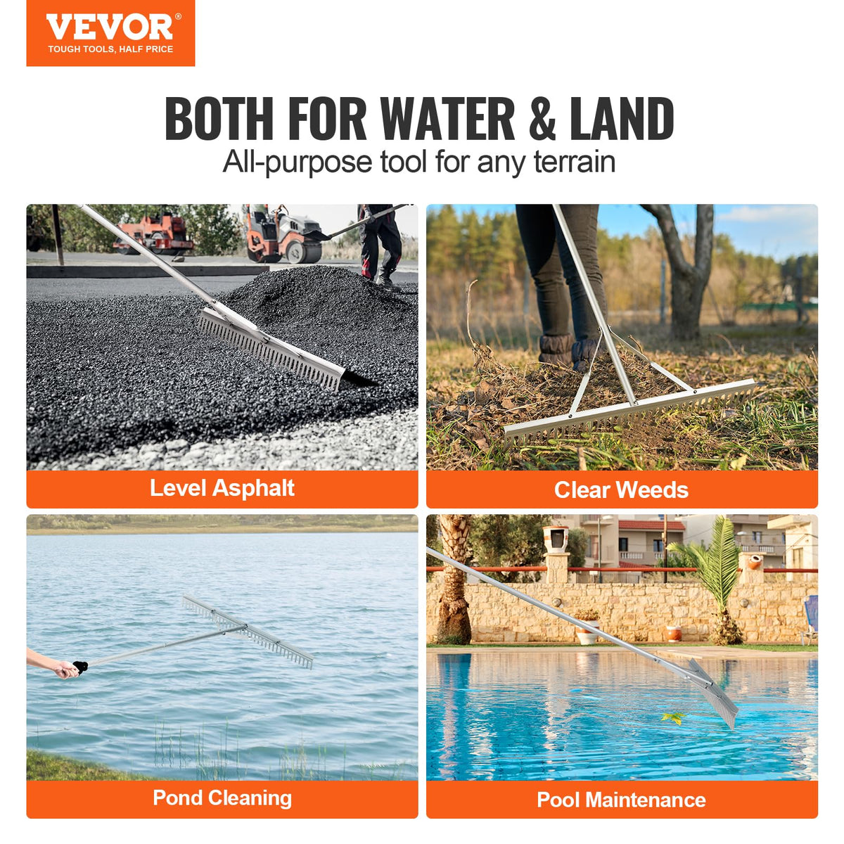 VEVOR Landscape Rake, 36" Head Aluminum Lake Weed Rake with 75" Long Handle for Loosening Soil, Lawn Care, Weeding Lake, Garden, Silver