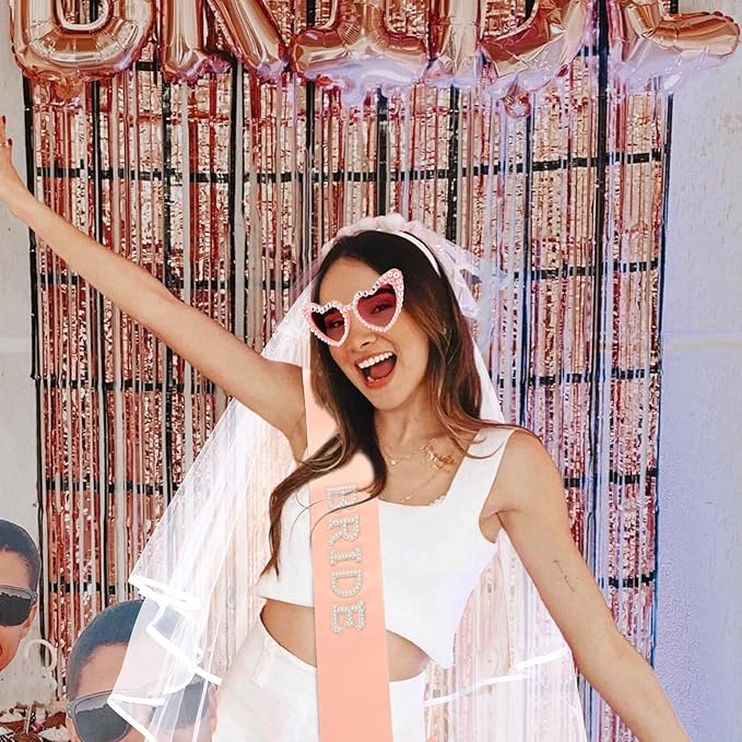 Bride to Be Set: Pearl-Trimmed Heart Sunglasses, Pearl BRIDE Sash & Tulle Veil - Bachelorette Party Bridal Accessories