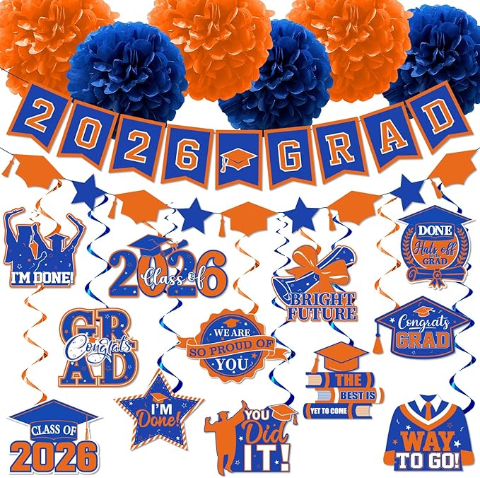 Orange and Blue Graduation Decorations, Grad Banner and Congrats Grad Hanging Swirls, Orange and Blue Graduation Banner Graduations Hanging Swirls College Graduations Party Decorations Class of 2026
