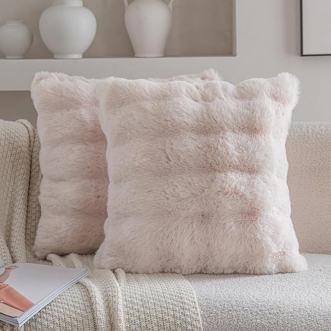 Neelvin Beige Faux Fur Cozy Soft Double-Sided Decorative Throw Pillow Covers 18x18 inch Set of 2,Velvet Pillowcase Cushion Case for Sofa Couch