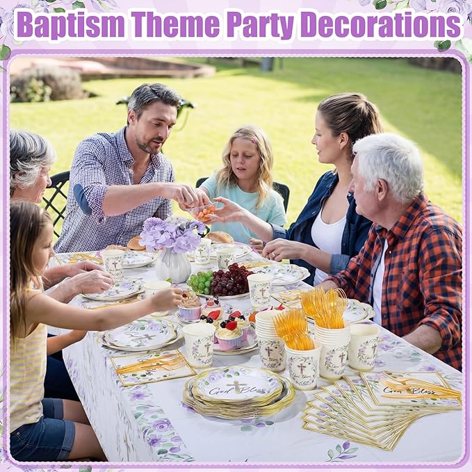 Pickmesh 194 Pcs God Bless Baptism Party Decoration Girl for 24, Purple Flroal Baptism Paper Plate Napkin Cup Tablecloth Cutlery First Holy Communion Tableware for Christening Baby Shower Supplies