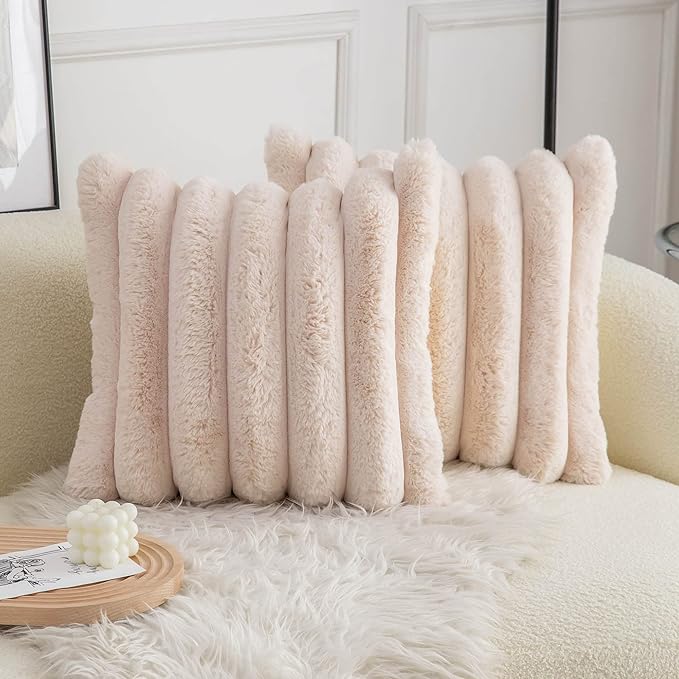 Neelvin Beige Faux Fur Cozy Soft Striped Decorative Throw Pillow Covers 18x18 inch Set of 2,Velvet Pillowcase Cushion Case for Sofa Couch