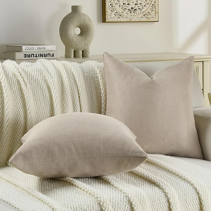 FUTEI Oatmeal Chenille Throw Pillow Covers 26x26 Inch Set of 2,Soft Wide Chevron Textured Euro Pillow Shams,Farmhouse Home Decor for Couch Bed Living Room