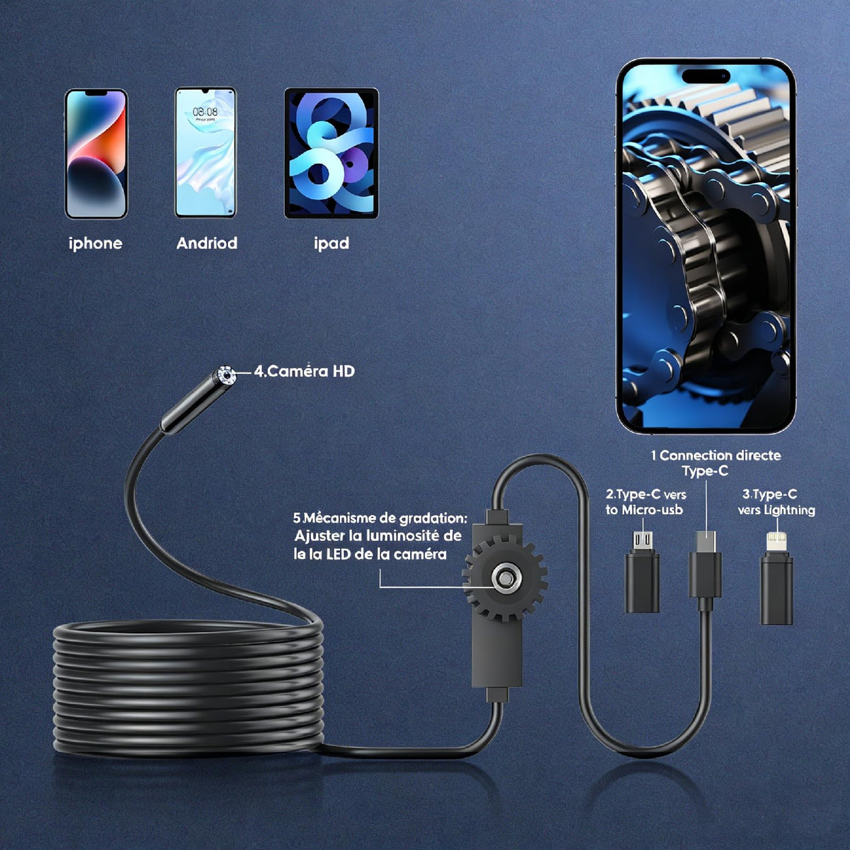 Endoscope Camera with Light, 1920P HD Borescope Camera with 8 Adjustable LED, 16.4FT Semi-Rigid Snake, IP67 Waterproof 8mm Inspection for iOS and Android (Single-Lens)