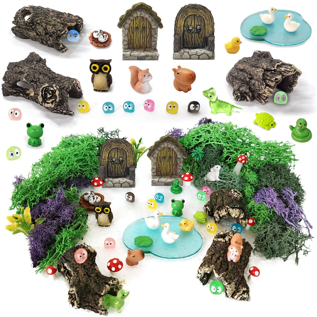 QuarenDen 42 Pcs Miniature Fairy Garden Accessories, Fairy Door, Miniature Tree Stumps and Tiny Resin Animal with Moss for DIY Craft, Lawn, Fairy Garden Decor