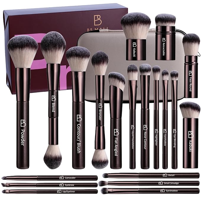 Professional Makeup Brushes BS-MALL With Travel Case - Kabuki Brush Eyeshadow Brush, Concealer Brush, Blush Brush Bronzer & Foundation Brush 20 Pcs, Labeled Daily Use & Versatile Occasions Gift Box
