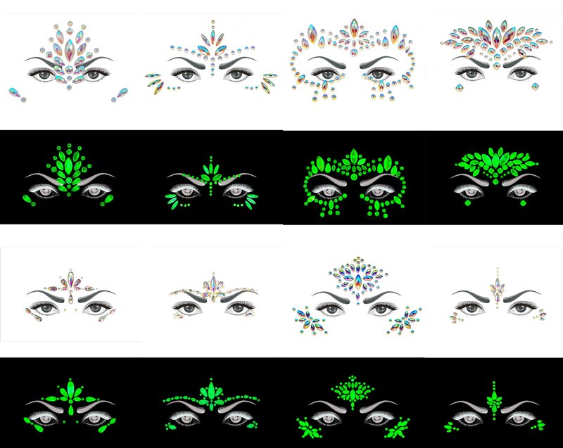 8Sets Noctilucent Face Gems Body Stickers Glow in the Dark Luminous Face Jewels fluorescent face tattoo crystals rhinestone sticker body jewelry for Halloween