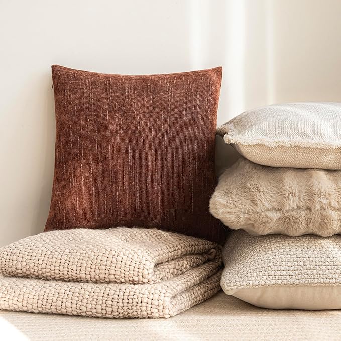 Foindtower Pack of 2 Textured Chenille Throw Decorative Pillow Covers Square Accent Solid Cushion Cover Neutral Farmhouse Lumbar Pillow Case for Couch Sofa Bedroom Living Room 12x20 Inch,Red Taupe