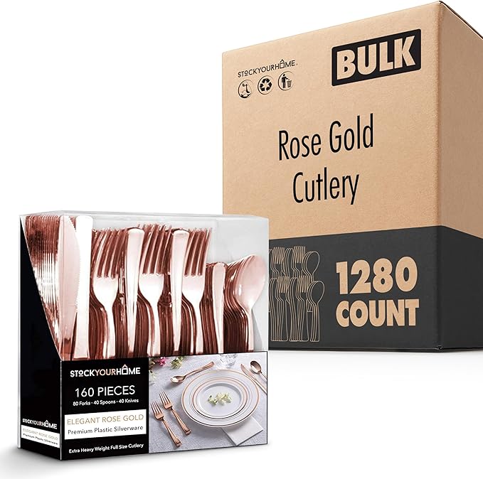 Rose Gold Plastic Silverware Set (1280 Bulk Pack) Disposable Cutlery Utensils, 80 Forks, 40 Knives, 40 Spoons, Heavy Duty Rose Gold Flatware For Holidays, Parties, Dinners, Weddings, and Occasions