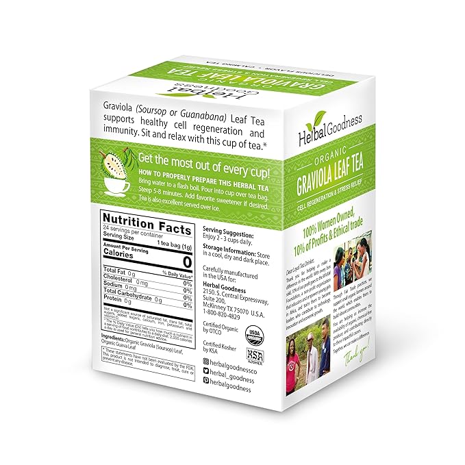 Graviola Leaf Tea - 144 Tea Bags - Hojas De Guanabana Organica Tea, Pure Organic Soursop Leaves, Rich In Antioxidant, Perfect For Immune Health, Digestion, Cell Regeneration & Heart Health - 6 Pack