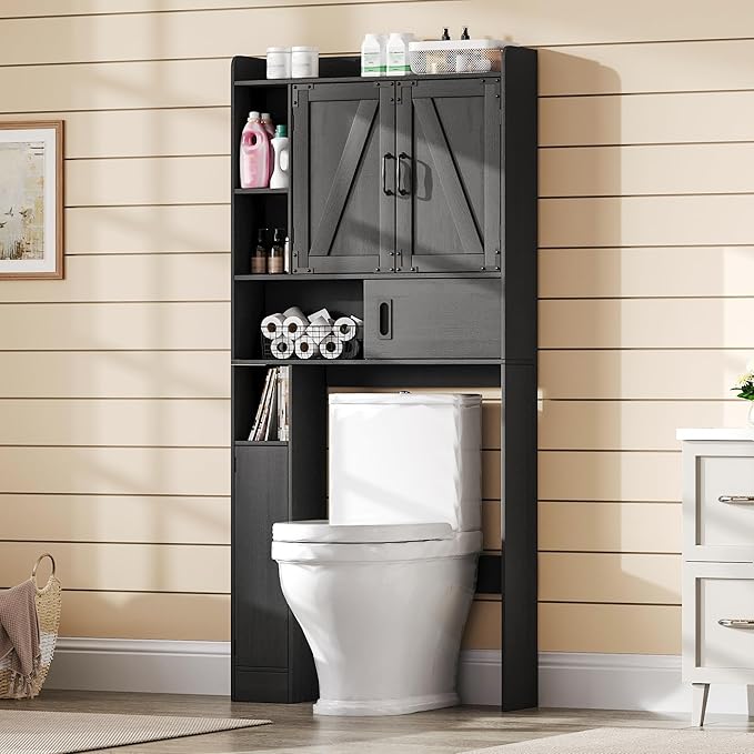 ChooChoo Over The Toilet Storage Cabinet, Farmhouse Bathroom Shelf Over Toilet with Adjustable Shelves, Above Toilet Storage Cabinet with Sliding Door for Bathroom, Laundry Room, Black