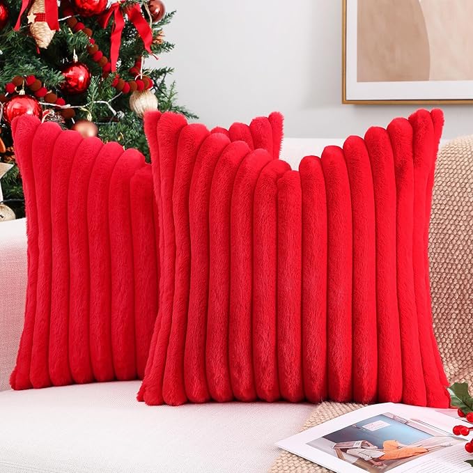 Pallene Faux Fur Plush Christmas Throw Pillow Covers 18x18 Set of 2, Luxury Soft Fluffy Striped Decorative Pillow Covers for Sofa, Couch, Living Room, Red