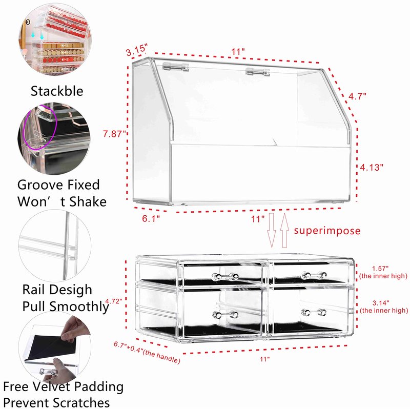 Celar Makeup Organizer With With Lid,Dustproof Waterproof Design Make up Organizer for Bathroom Countertop,4 Drawers Acrylic Skincare and Cosmetic Storage for Vanity Countertop,Dresser Top Organizer