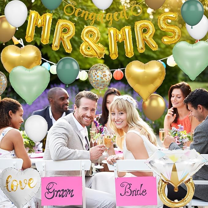Sage Green Engagement Party Decorations, MR and MRS Balloons, Metallic Gold White Confetti Balloon, Love Heart and Diamond Ring Foil Balloon with Engaged Banner for Wedding Engagement Party Decoration