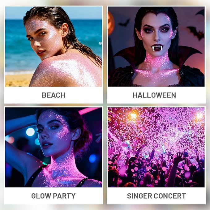 DAGEDA Light-Reactive to Pink Body Glitter Gel, Holographic Face Glitter Rave Party Accessories, Chunky Glitters for Hair Eyes Nails, Cosmetic Laser Powder Festival Sequins Paint Makeup