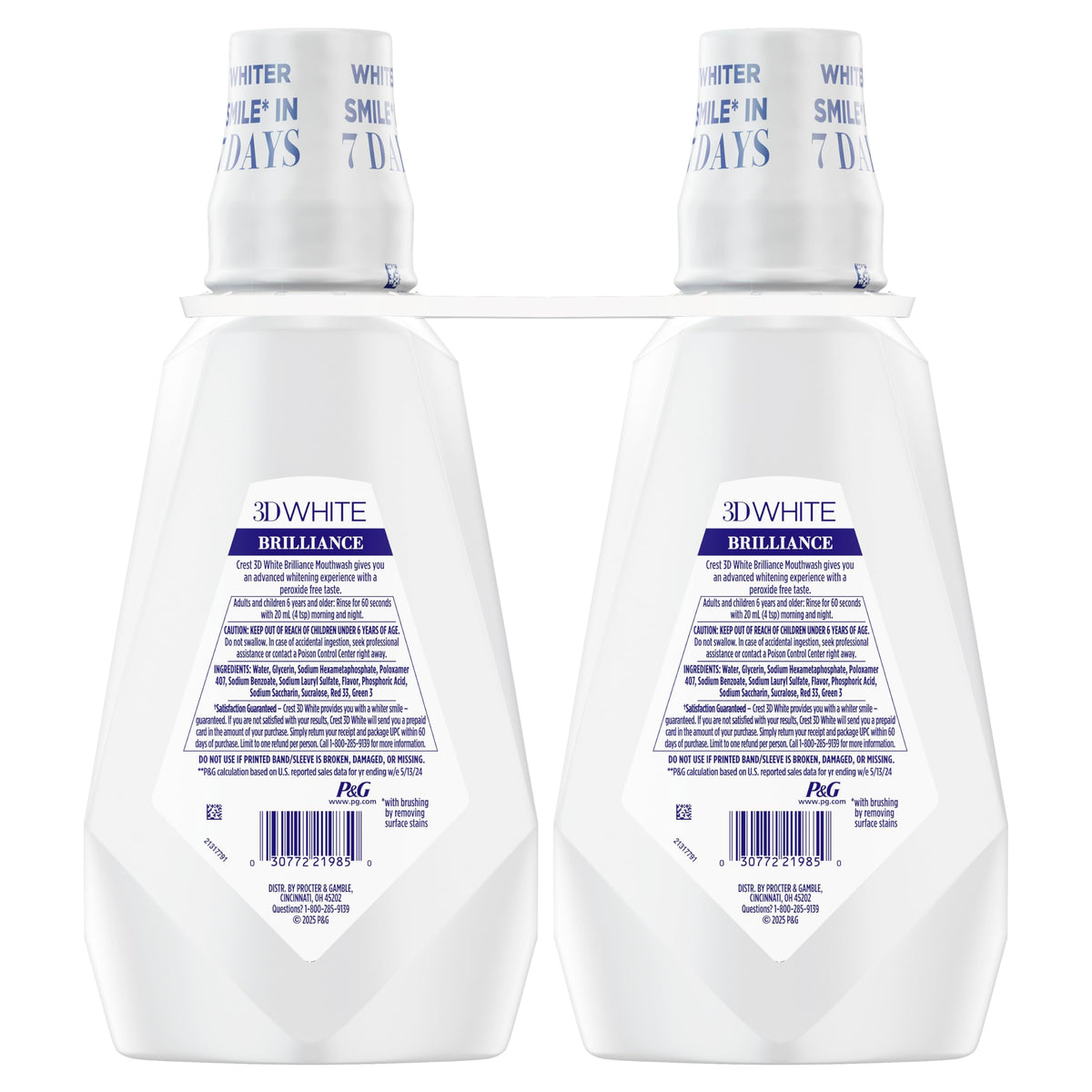 Crest 3D White Mouthwash, Teeth Whitening for Adults, 1L, 2 Pack, Alcohol Free Mouth Rinse, Breath Freshener, Antibacterial, Antiseptic, Bad Breath Treatment, Peroxide Free, Clean Mint