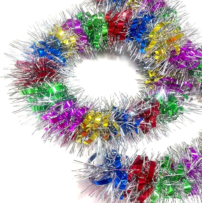 33Ft Long Tinsel Twist Garland Shiny Thick Metallic Foil Xmas Tree Decorations for Birthday Party Christmas New Year Parties Parade Floats and Other Holidays Hanging Decor Supplies-(Colours+Silver)