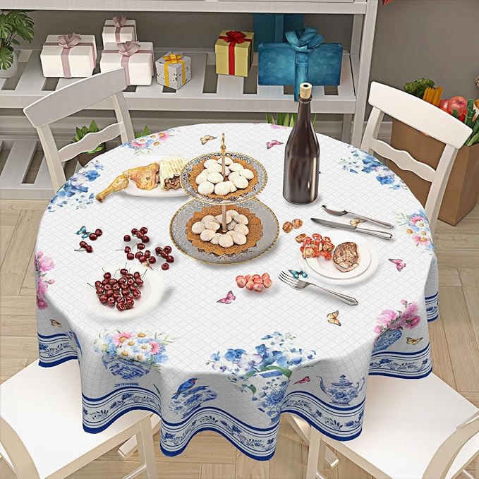 Spring Summer Round Tablecloth Blue Vase Floral Circle Table Cloth 60 Inch Chinoiserie Farmhouse Table Cover Washable Polyester Indoor Decorations for Home Kitchen Dinning Party