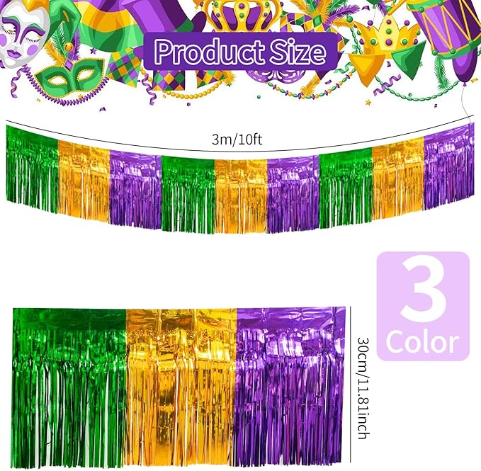 4 Packs 10 Feet Long Foil Fringe Mardi Gras Garland Green Gold Purple Tinsel Metallic Streamers Wall Hanging Birthday Backdrop Banner for Carnaval Car Parade Floats Streamer Decorations